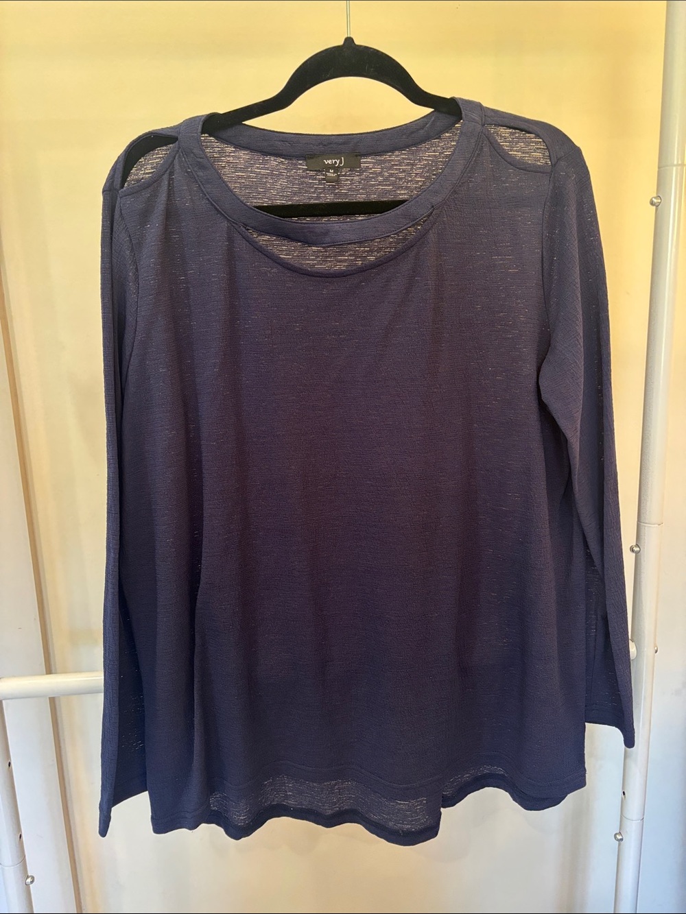 Very J Navy Cold-Shoulder Long Sleeve Top with Cutout Shoulders